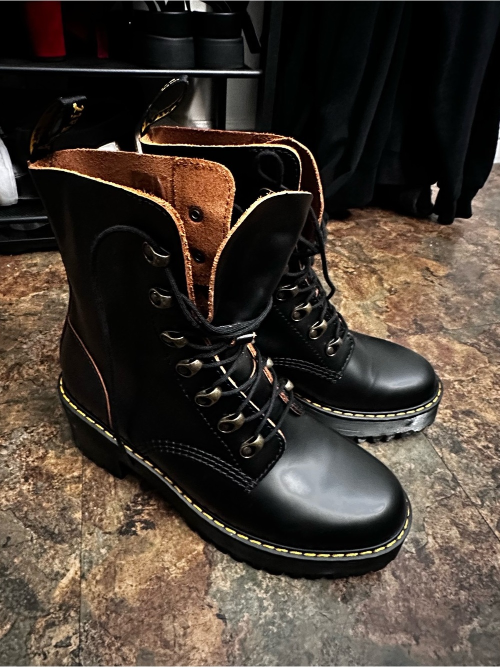 Dr. Martens Black Leather Lace-Up Combat Boots with Yellow Stitching